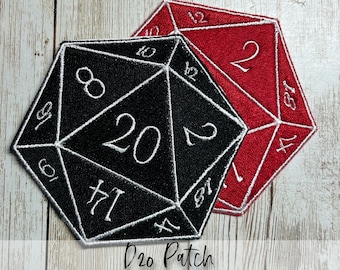 D20 patch: Iron-On, Sew-On Patch, Embroidery, D&D, RPG Game, Dice