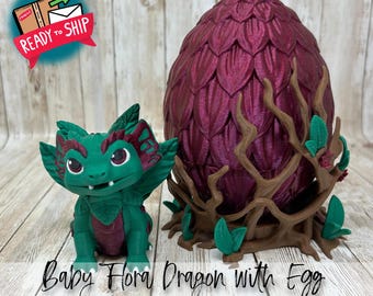 Bebé dragón Flora con huevo: impreso en 3D, listo para enviar.
