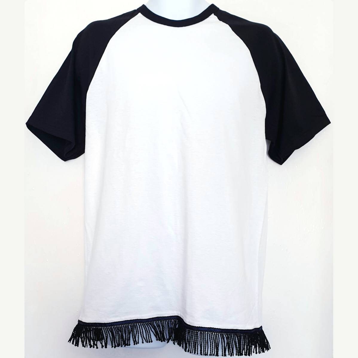 Image of Men's Two Tone Short Sleeve Fringed T-Shirt With Fringes Hebrew Israelite Clothing 12 Tribes Garment White/Black White/Navy