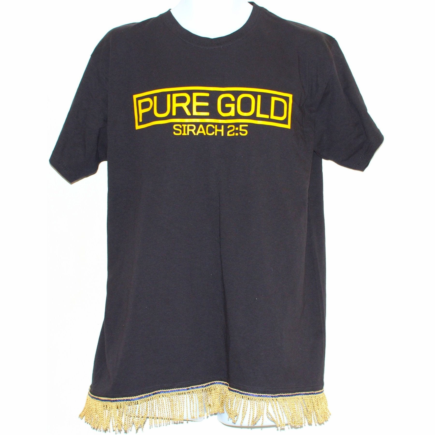 Image of Pure Gold Fringed Short Sleeve T-Shirt With Fringes Hebrew Israelite Clothing 12 Tribes Garment