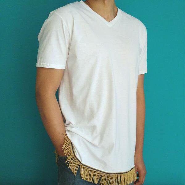 Image of 6 Colours Men's Plain V-Neck Fringed T-Shirt With Fringes Hebrew Israelite Clothing Navy Border Of Blue 12 Tribes Black White Grey