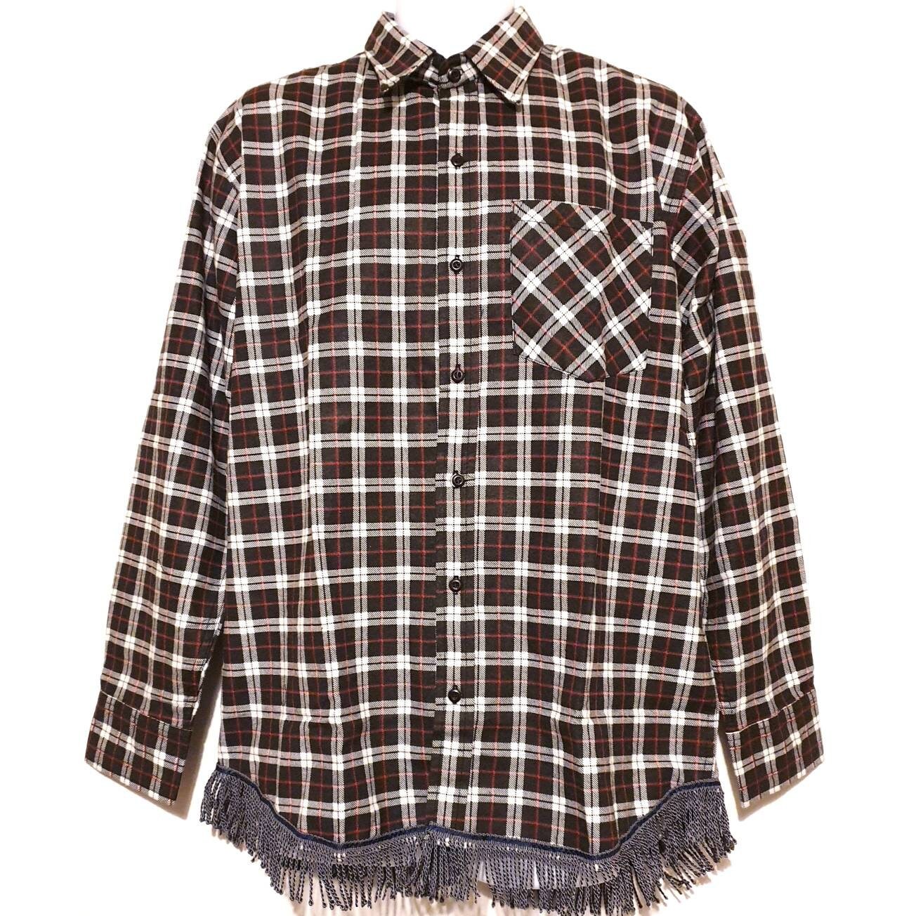 Image of Men's Fringed Black Checkered Long Sleeve Shirt With Fringes Hebrew Israelite Clothing 12 Tribes Garment Apparel