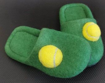 Comfortable Hause Footwear, Wool Slippers Handmade, Funny Tennis Balls Slippers, Personalized Slippers, Green Mules for Him