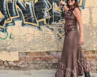 Nuno-jurk van vilt, zijden jurk van merinowol, handgemaakte pastelbruine jurk, 8