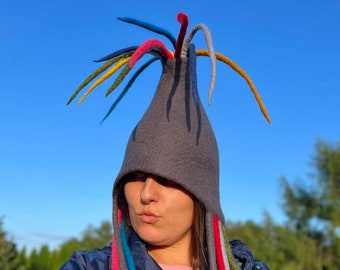 Felted  Sauna Hat, Festival Felt Hat, Winter hat, Sauna hat, Faire hat, Clown Hat, Felted Fantasy Hat, Elf Hat, Gnome Costume