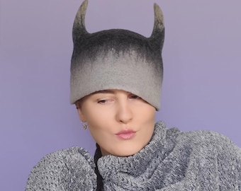 Handmade Felted Viking Hat with Horns: Organic Wool Sauna Hat