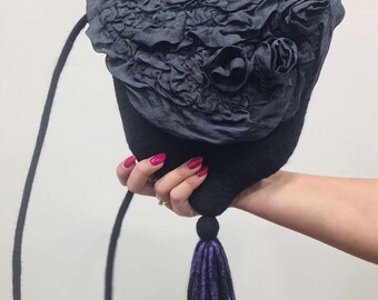 Silk Ruffles Felted Purse: Black Gothic Floral Handbag