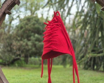 Red costume hat, Gnome hat, Elfin accessory, Dreadlocks hat felt, Fancy sauna hat, Unique felted hat, Felt hut, Crazy hat, Red sauna cup