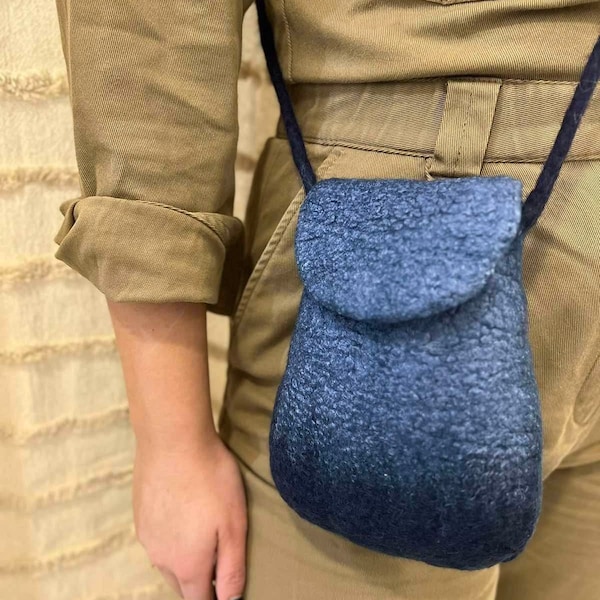 Textile crossbody felted bag, Mini size shoulder bag, Navy blue purse, Minimalist blue handbag, Gift for women