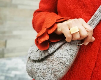 Stylish Merino Wool + Cotton Crossbody Purse, Brown Minimalist Nunofelted Felted Dumpling Bag, Small Everyday Half Moon Bag With a Strap