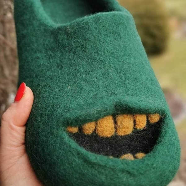 Big smile, Felted smile, Joker smile, Best gift, Green slippers, Happy feet, Felted Slippers