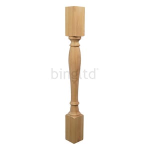 May include: A light-colored wooden furniture leg with a turned design. The leg has a square top and bottom, with a rounded, vase-like shape in the middle. The wood grain is visible.