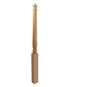 May include: A tall, unfinished wooden newel post. The post features a square base, a turned central section, and a rounded top. The natural wood color suggests it is ready for staining or painting. This architectural element is suitable for staircases or other interior design projects.