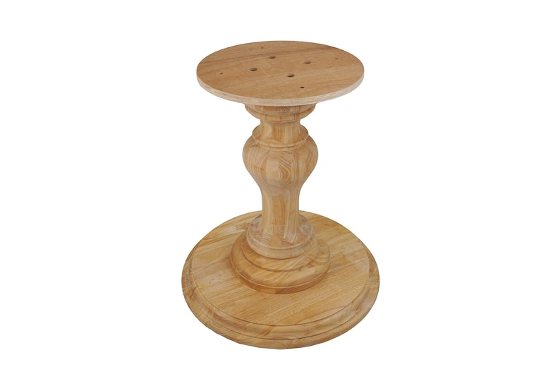 May include: A natural wood table base with a round top and a turned pedestal. The base has a smooth, polished finish.