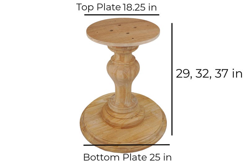 May include: Wooden table base with a round top plate measuring 18.25 inches in diameter and a round bottom plate measuring 25 inches in diameter. The base has a turned pedestal with a fluted design. The height of the base can be adjusted to 29, 32, or 37 inches.