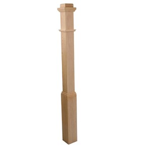 May include: A light-colored, unfinished wooden post with a square base and top. The post features decorative molding near the top and bottom, and is designed for architectural or decorative use.