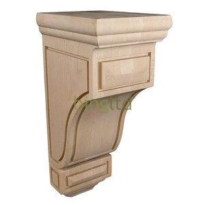May include: A natural wood corbel with a decorative design. The corbel has a rectangular top and a curved bottom. It is made of unfinished wood and has a light brown color.