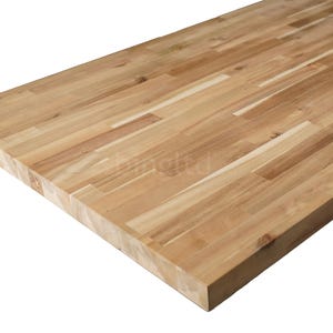May include: A rectangular butcher block countertop made of light brown wood. The wood is constructed from multiple strips of varying lengths, creating a textured surface. The edges are clean and square, suitable for kitchen or workspace applications.
