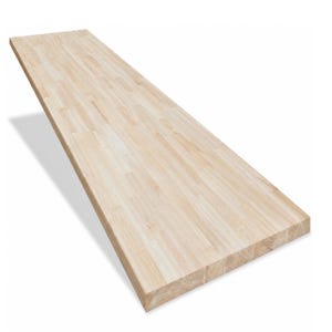 May include: A rectangular butcher block countertop made of light-colored wood with a visible grain pattern. The surface is composed of multiple narrow, joined wooden strips arranged in a linear fashion, creating a smooth, flat, and uniform top.