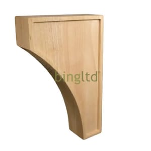 May include: A natural wood shelf bracket with a curved design. The bracket is unfinished and ready to be stained or painted.