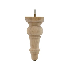 May include: A wooden furniture leg with a turned design and a rounded top. The leg is unfinished and ready to be stained or painted.