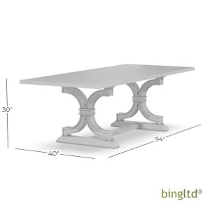 May include: A rectangular wooden dining table with a gray finish and a unique X-shaped base. The table measures 94 inches long, 40 inches wide, and 30 inches high.