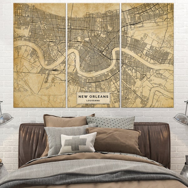 New Orleans Map Canvas Print, New Orleans Vintage Canvas Wall Art, Multi Panels canvas, Ready to Hang, Large Canvas, Wall decor