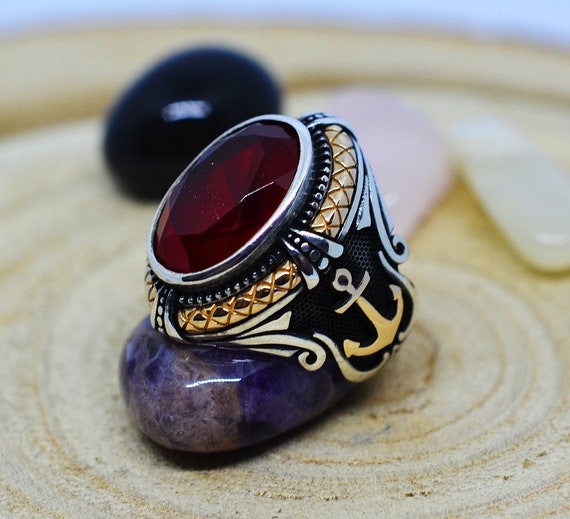 Turkish Handmade Ring Solid 925 Sterling Silver Ruby Ring Men's Ring Gift for Him Free Shipping Free Choice of Size Vintage Ring