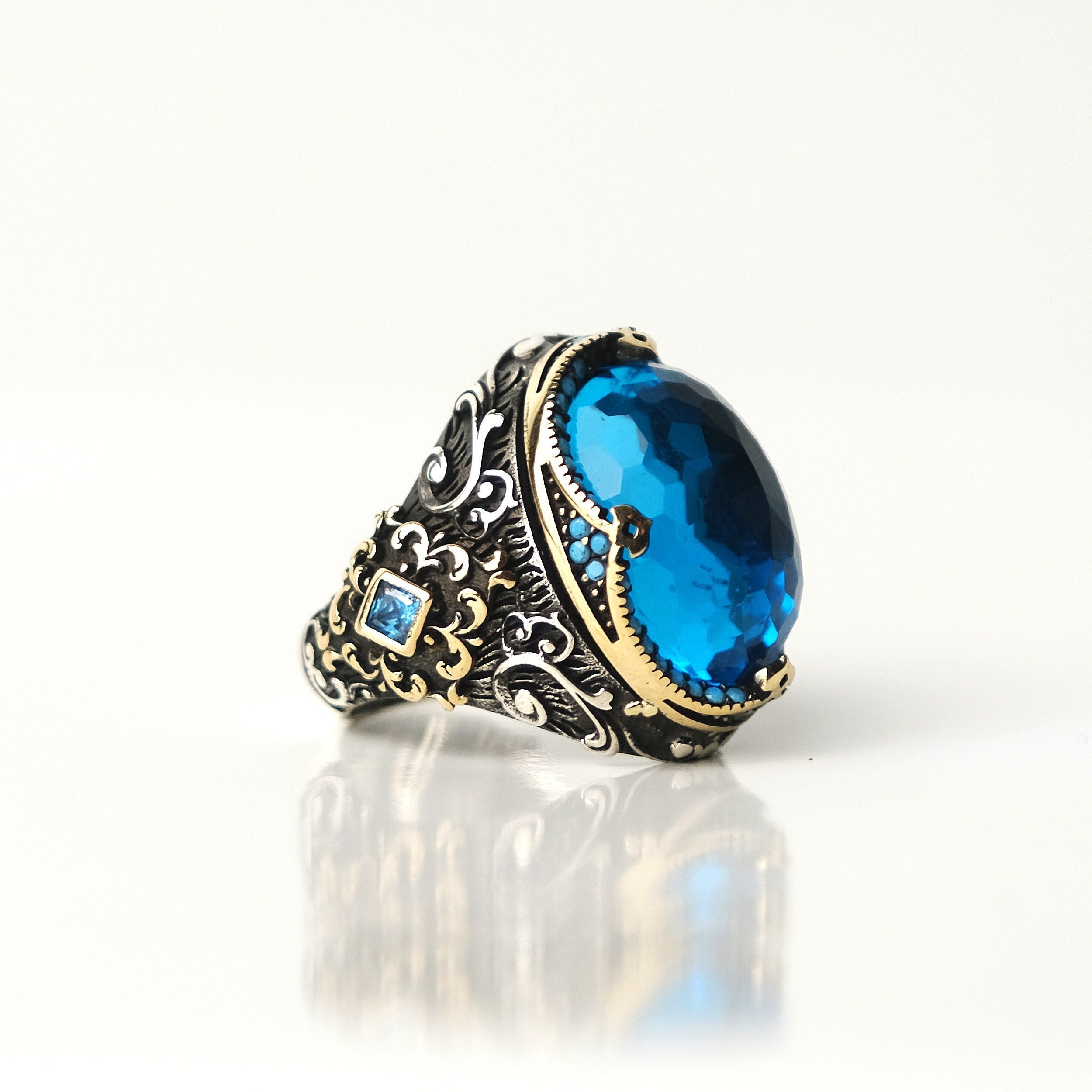 Details about    Men's Ring 925 Sterling Silver Turkish Handmade Jewelry Aquamarine All Size 