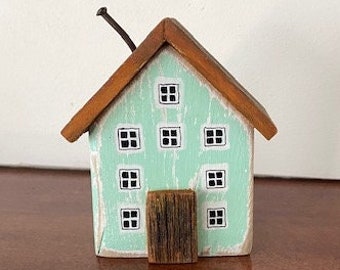 Mint Green Reclaimed Wee Window Sill House, Wooden, Mini House Art, Mantle Decor, Rustic Row House, Whimsical House, Country Decor, Quirky