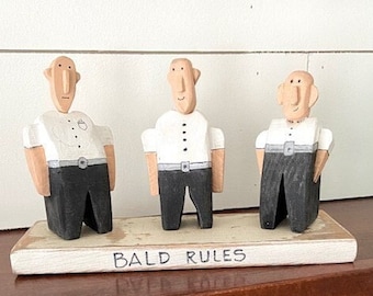 Bald Rules reclaimed wood figurine, Wooden, Mini Art, Mantle Decor, Whimsical, quirky, bald, hand painted, white & black, carved, statue