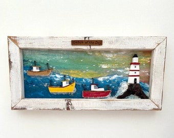 Reclaimed Coastal Wall Decor "Catch of the Day", rustic, barn wood, Sunset, Wood Art, framed, Antique pine, fishing boats, lighthouse, sea