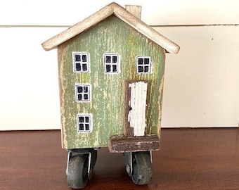 Mini House Art Mantle Decor Smoke Stack Moss Green Reclaimed Wee Window Sill House Sage Wooden Rustic Row House Whimsical Wee Houses