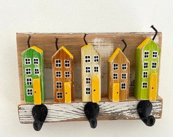 Quirky Reclaimed Wall Decor, rustic, barn wood, vintage row house, cottage, wall key decor, Chippy white green yellow, dog leashes, hooks