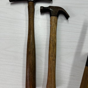 2 Vintage wood hammers metal long nose flat tip and smaller one tack hammer tools