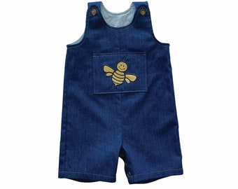 Baby Boy Bee Overall Applique Romper Coverall Jon Jon Shortall 3-24 Months Embroidered Denim Overalls, Bumble Bee coverall shorts