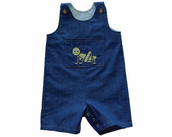 Baby Boy Grasshopper Applique Overall Sleeveless Jon Jon Shortall 3-24 Months Embroidered Denim Overalls, Chambray overall shorts