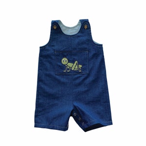 Baby Boy Grasshopper Applique Overall Sleeveless Jon Jon Shortall 3-24 Months Embroidered Denim Overalls, Chambray overall shorts