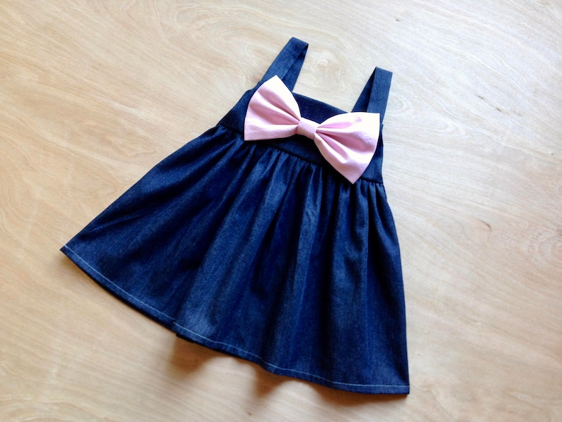 Dress with bow in front girls denim dress Big Bow Dress bow dress pink Dark Wash Denim Dress denim baby clothes custom dress for baby