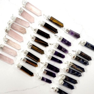 Crystal Point Pencil Pendants, Gemstone Hexagon Single Terminated Pendants, Amethyst, Tigers Eye, Rose Quartz, Sodalite