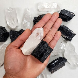 May include: A hand holding a clear quartz crystal and a black tourmaline crystal. The crystals are surrounded by other clear quartz and black tourmaline crystals.