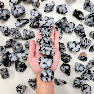 May include: A collection of black and white snowflake obsidian stones. The stones are rough and have a natural, unpolished look. The stones are arranged on a white surface.