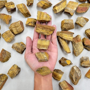 May include: A collection of raw tiger's eye crystals in various sizes and shapes. The crystals are a mix of golden brown and reddish brown colors.