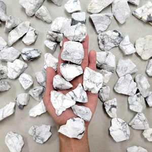 May include: A collection of white howlite stones with gray veining. The stones are irregularly shaped and vary in size. Some stones are held in a hand, while others are scattered on a light-colored surface.
