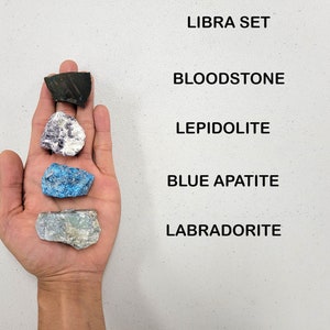 May include: A set of five tumbled stones, including bloodstone, lepidolite, blue apatite, labradorite, and a black stone. The stones are arranged in a hand, with the names of each stone listed above them.