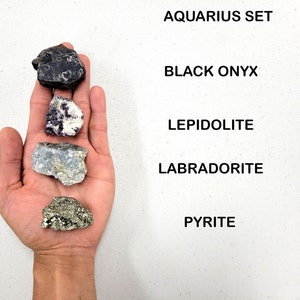 Crystals for Aquarius Zodiac Sign, Black Onyx, Lepidolite, Labradorite, Pyrite Crystal Set