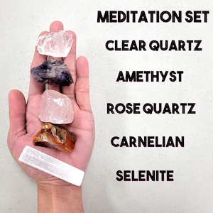 Raw Crystals for Meditation, Clear Quartz Amethyst Rose Quartz Carnelian Selenite, Meditation Crystal Set