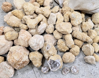 May include: A large pile of beige and white geode crystals. The crystals are various sizes and shapes, some are round and some are elongated. The crystals are on a gray surface.