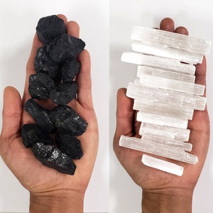 Selenite & Black Tourmaline - 1 LB to 2 LBS combo - Selenite Wand Sticks - Raw Black Tourmaline - Bulk Crystal Protection Grid