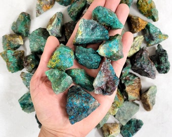 May include: A collection of raw, natural chrysocolla stones in shades of teal, turquoise, and green. The stones have a rough, textured appearance and are displayed against a white background. Some stones have hints of yellow and brown.